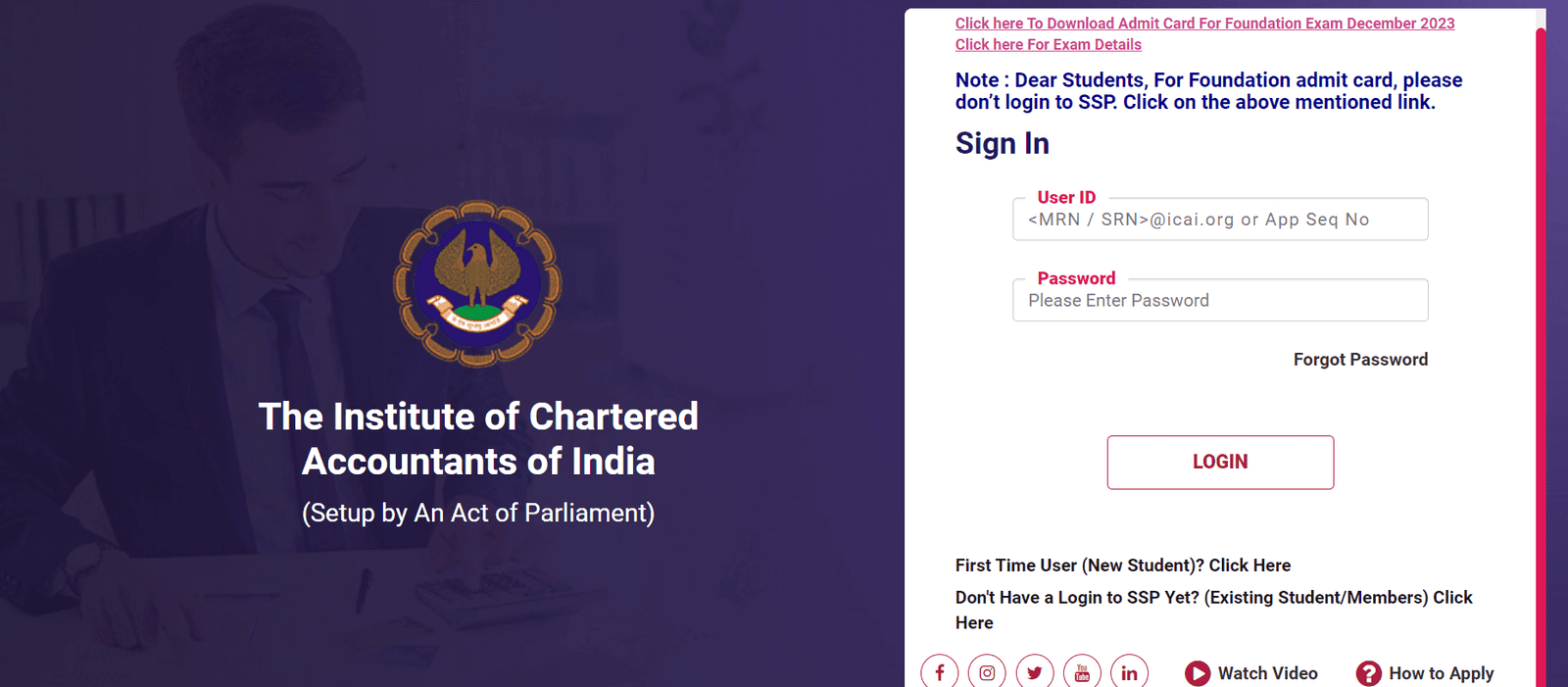 SSP Portal ICAI: Students, Members, and Firms
